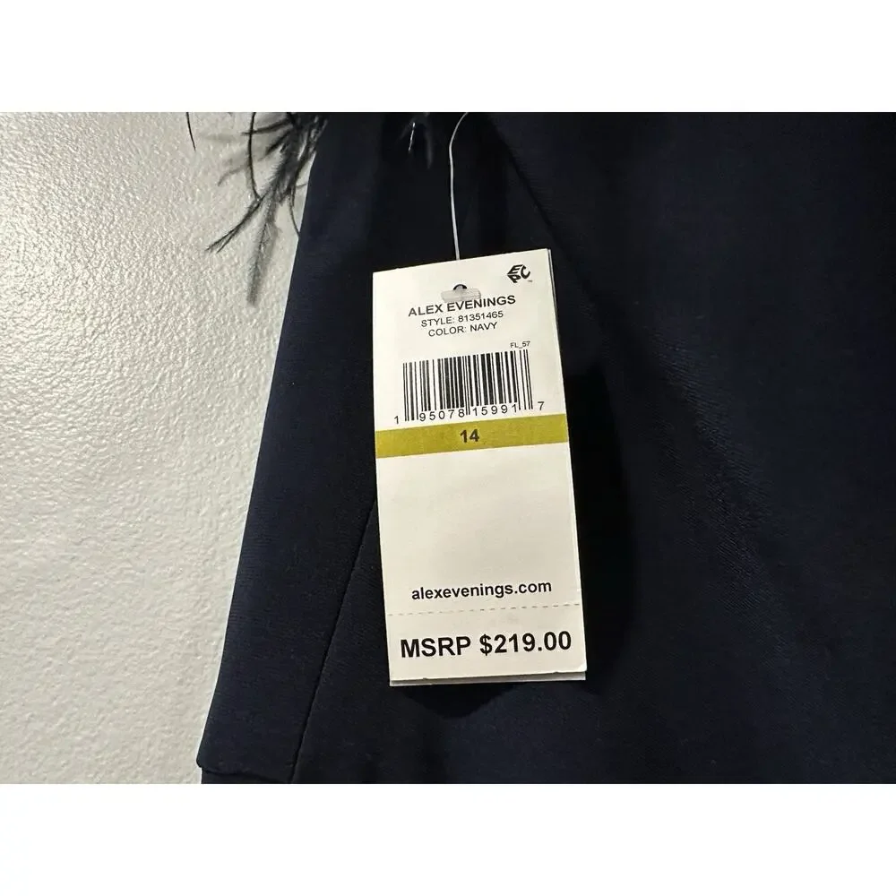 Alex Evenings Off-the-Shoulder Jersey Gown Slit Maribou Feather Trim Navy 14 NEW